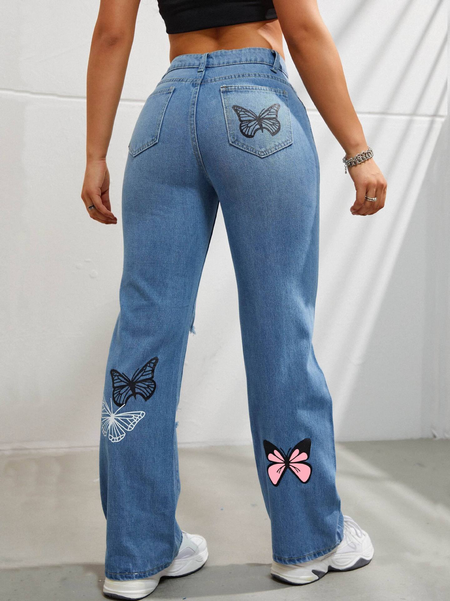 Women’s High Waist Straight Jeans – Butterfly Ripped Denim - zenton