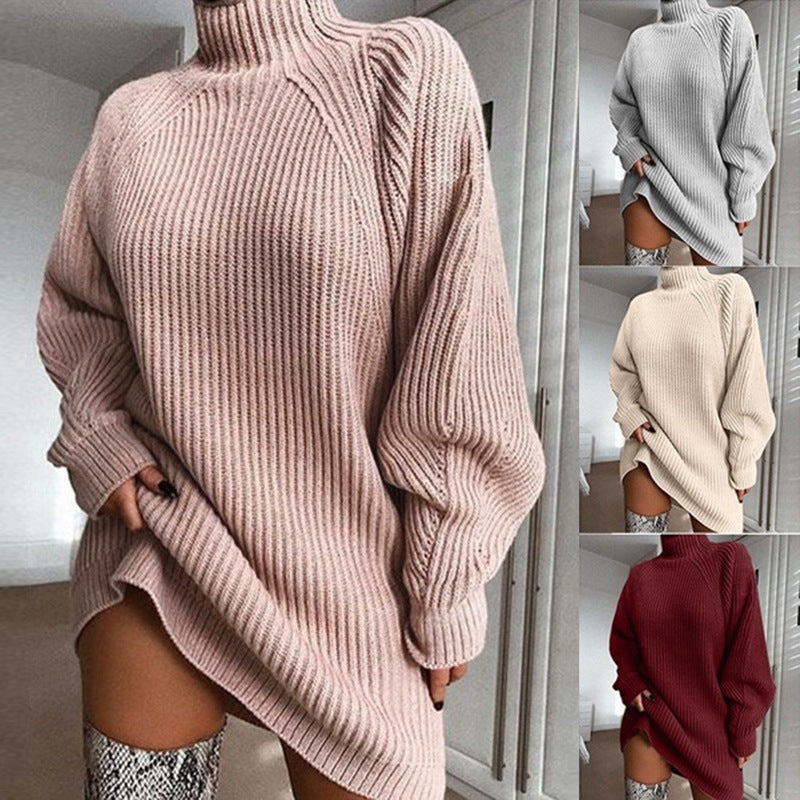 Solid Turtleneck Long Sweater Dress for Winter Women - zenton