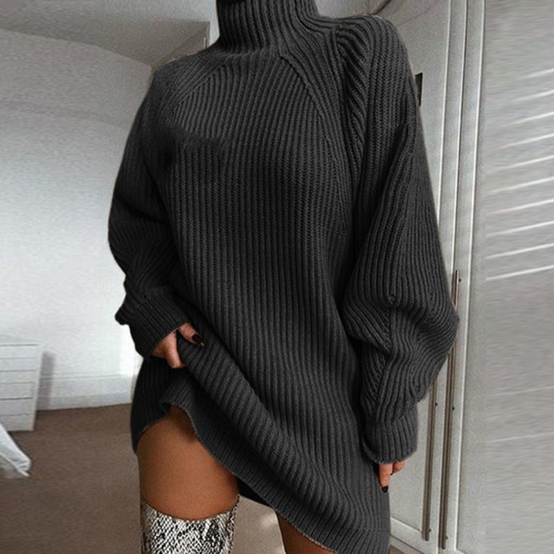 Solid Turtleneck Long Sweater Dress for Winter Women - zenton