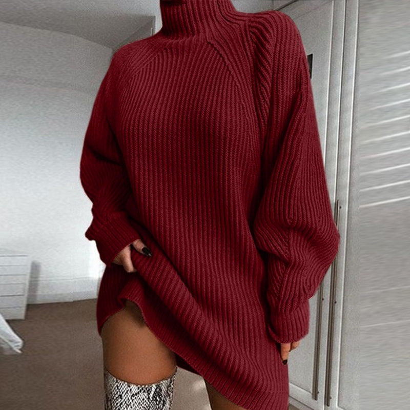 Solid Turtleneck Long Sweater Dress for Winter Women - zenton