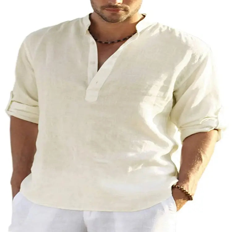 Men’s Casual Cotton Linen Long Sleeve Shirt – Loose Fit - zenton