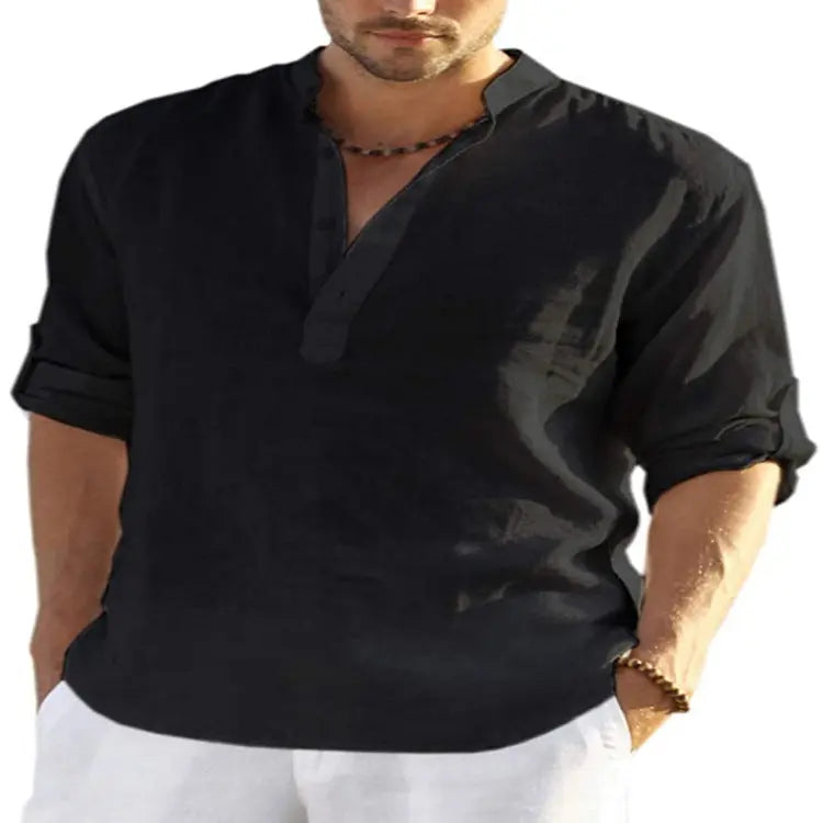 Men’s Casual Cotton Linen Long Sleeve Shirt – Loose Fit - zenton