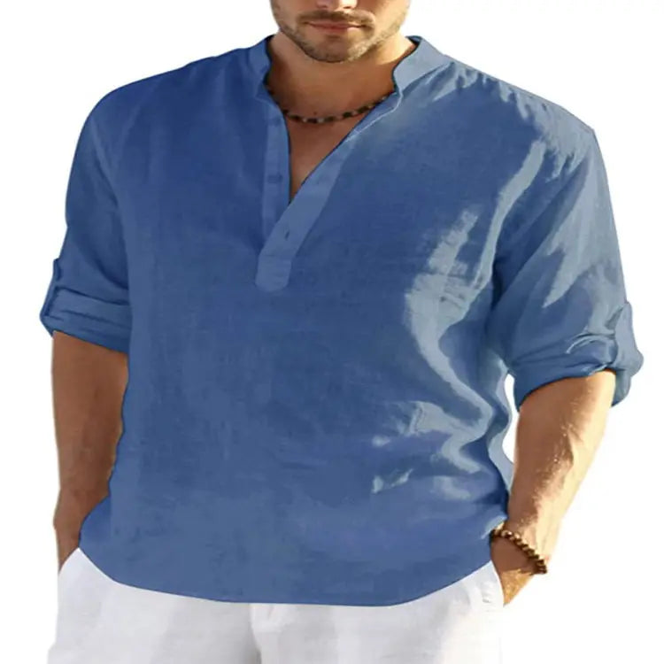 Men’s Casual Cotton Linen Long Sleeve Shirt – Loose Fit - zenton