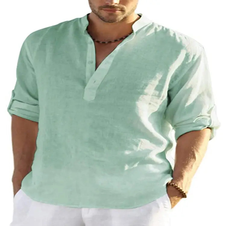 Men’s Casual Cotton Linen Long Sleeve Shirt – Loose Fit - zenton