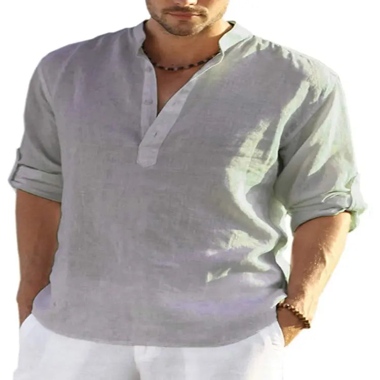 Men’s Casual Cotton Linen Long Sleeve Shirt – Loose Fit - zenton