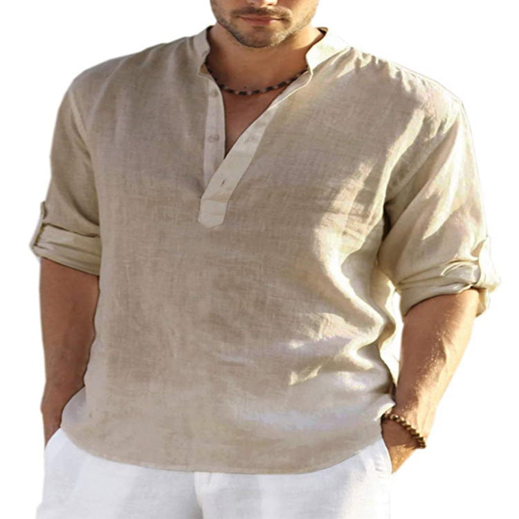 Men’s Casual Cotton Linen Long Sleeve Shirt – Loose Fit - zenton