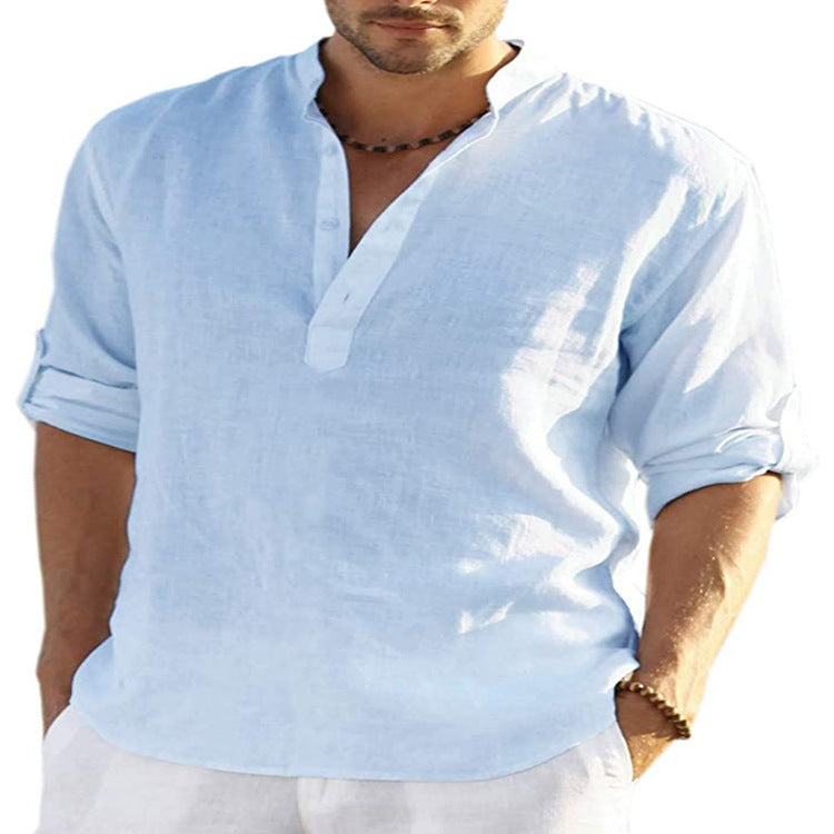 Men’s Casual Cotton Linen Long Sleeve Shirt – Loose Fit - zenton