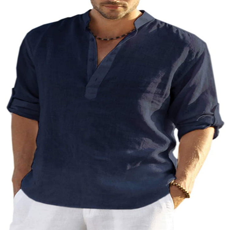 Men’s Casual Cotton Linen Long Sleeve Shirt – Loose Fit - zenton