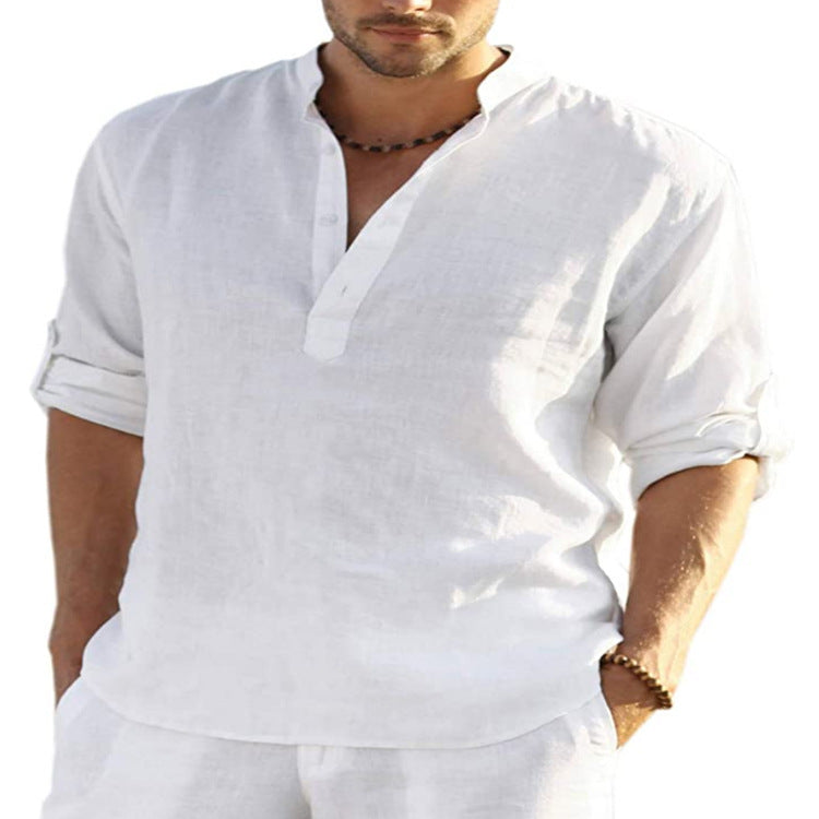 Men’s Casual Cotton Linen Long Sleeve Shirt – Loose Fit - zenton