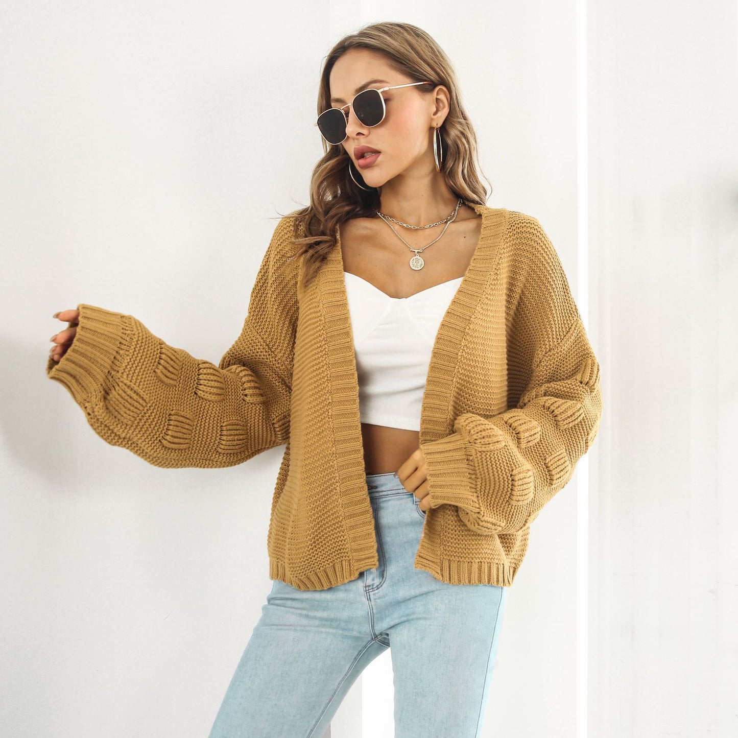 Women’s Puff Sleeve Chunky Knit Cardigan Sweater - zenton