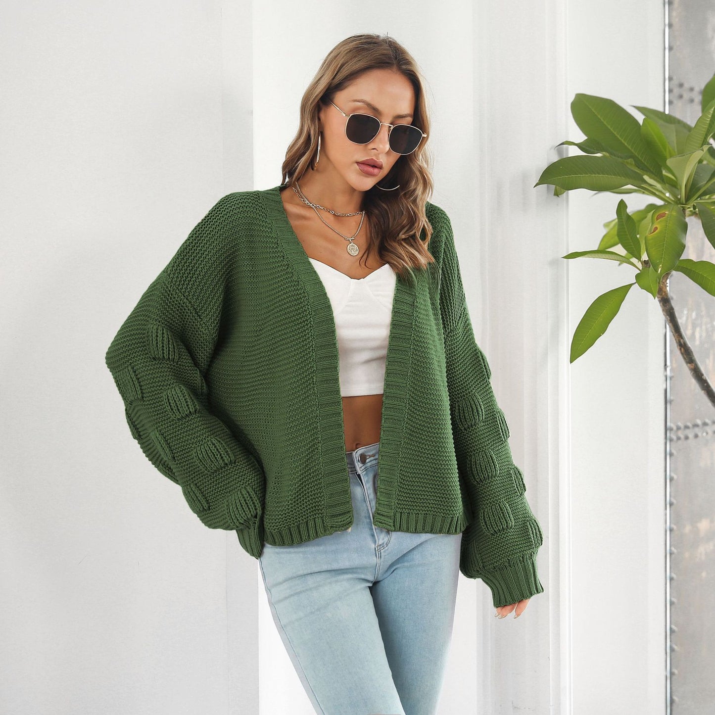 Women’s Puff Sleeve Chunky Knit Cardigan Sweater - zenton