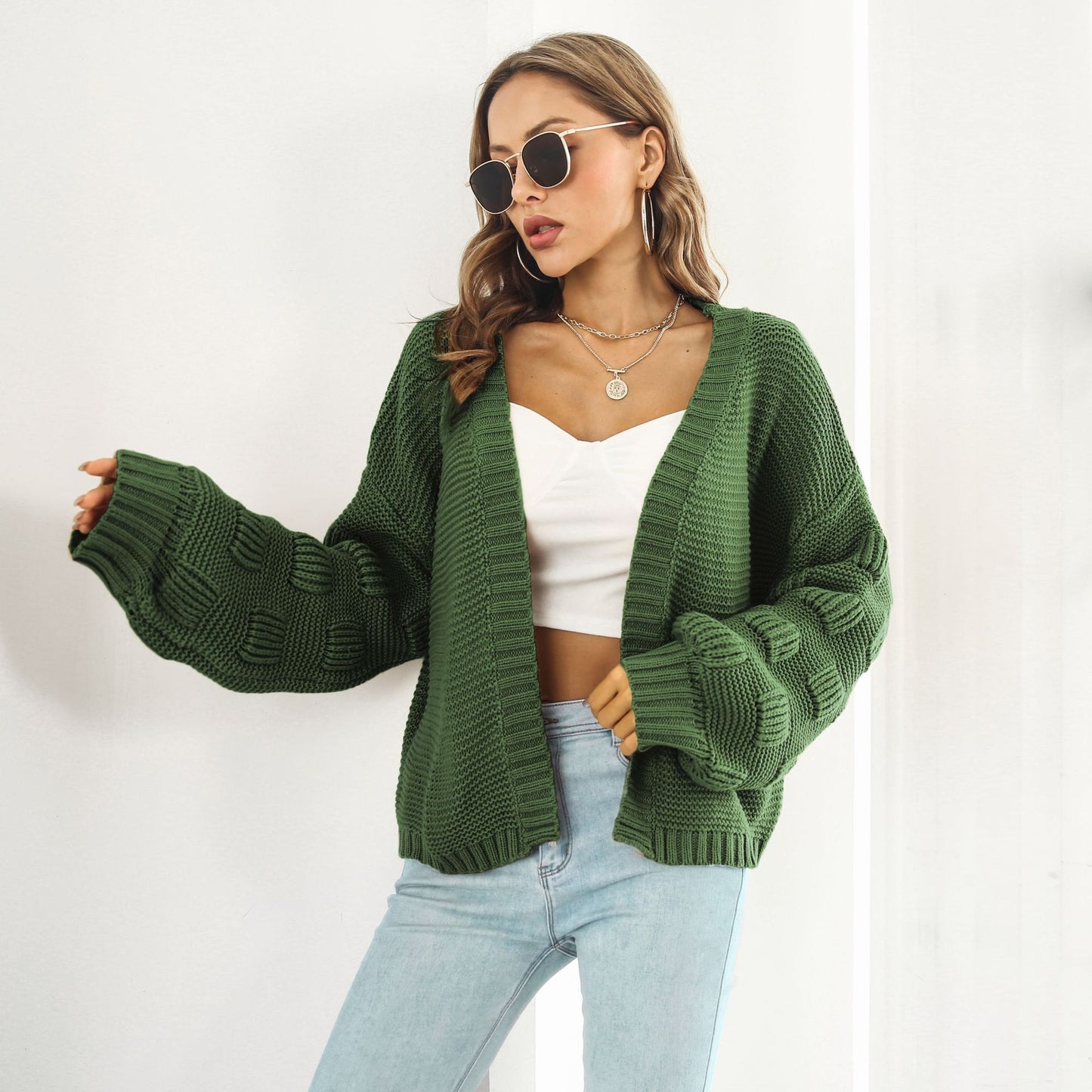 Women’s Puff Sleeve Chunky Knit Cardigan Sweater - zenton
