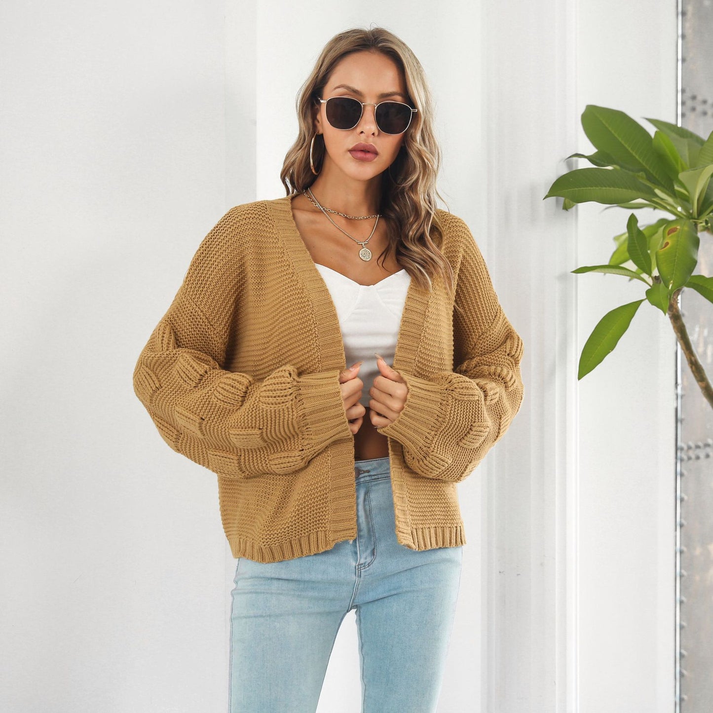 Women’s Puff Sleeve Chunky Knit Cardigan Sweater - zenton