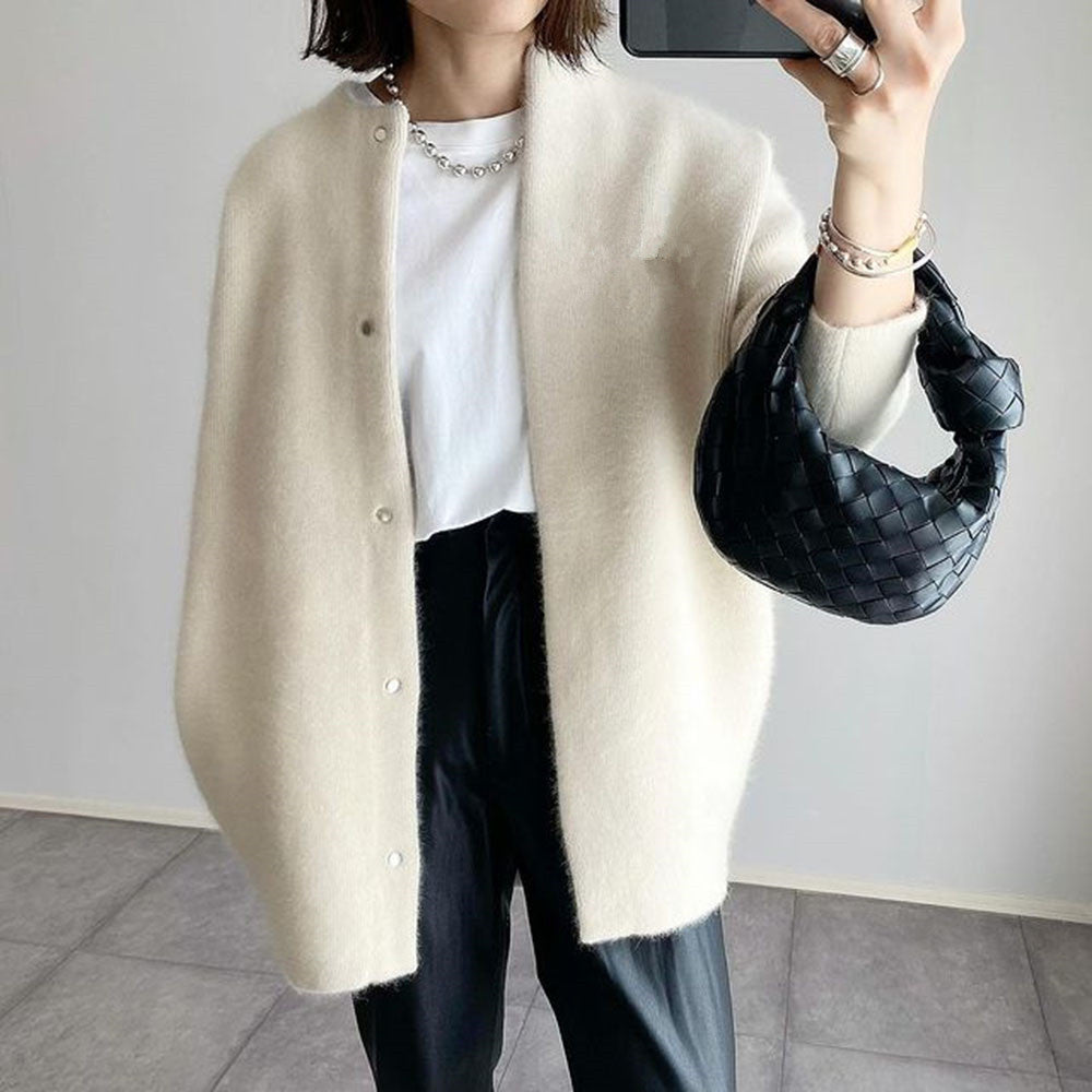 Loose Round Neck Solid Color Cardigan Jacket Women - zenton