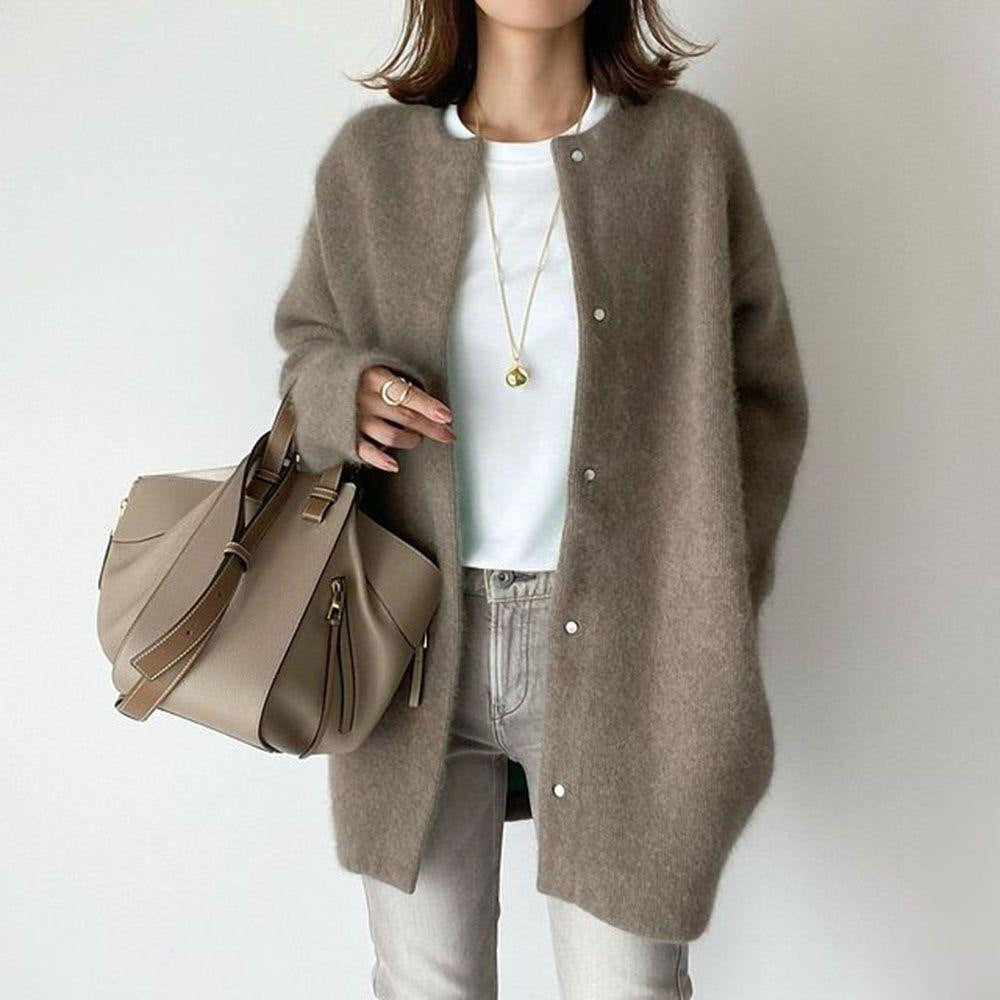 Loose Round Neck Solid Color Cardigan Jacket Women - zenton