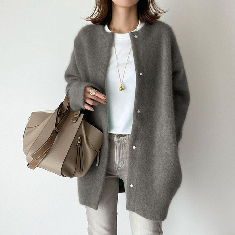 Loose Round Neck Solid Color Cardigan Jacket Women - zenton