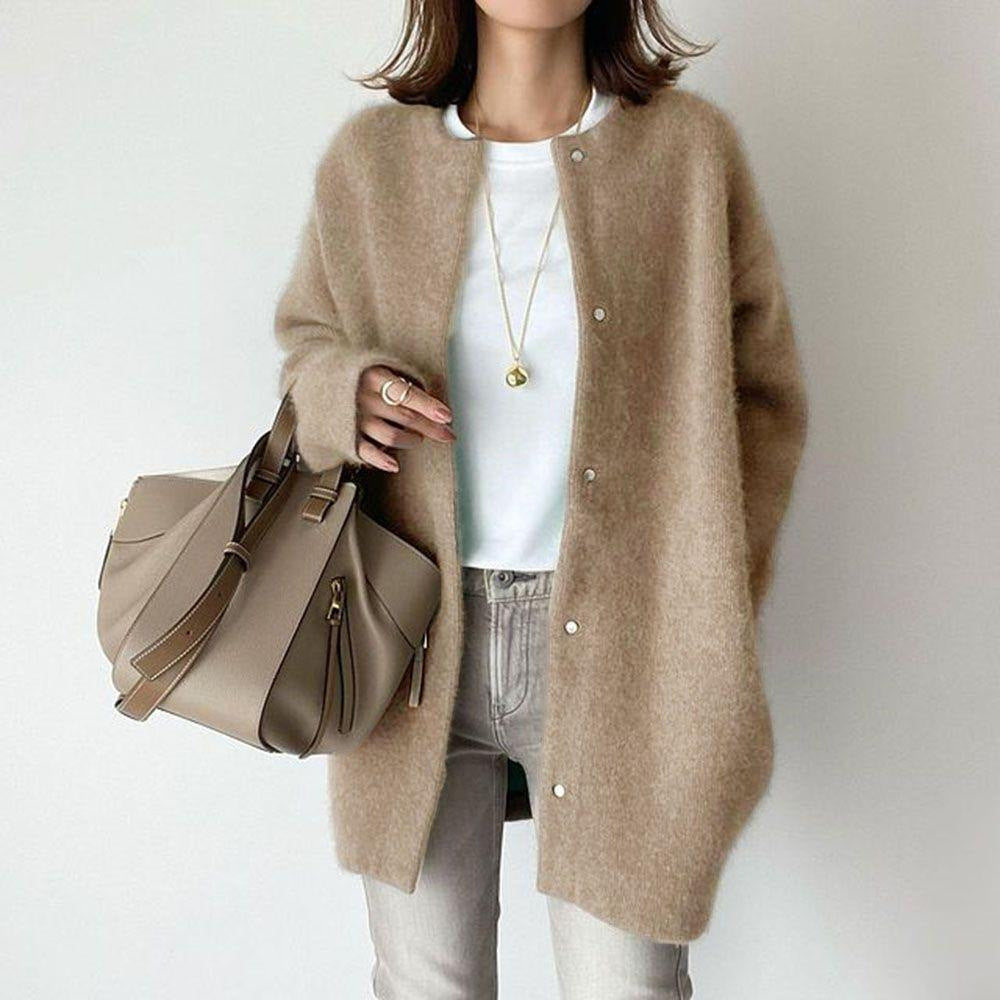 Loose Round Neck Solid Color Cardigan Jacket Women - zenton
