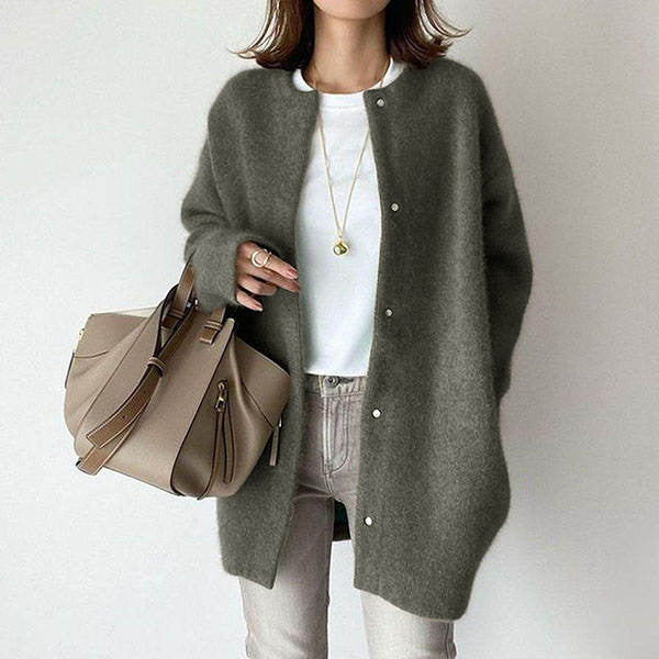 Loose Round Neck Solid Color Cardigan Jacket Women - zenton