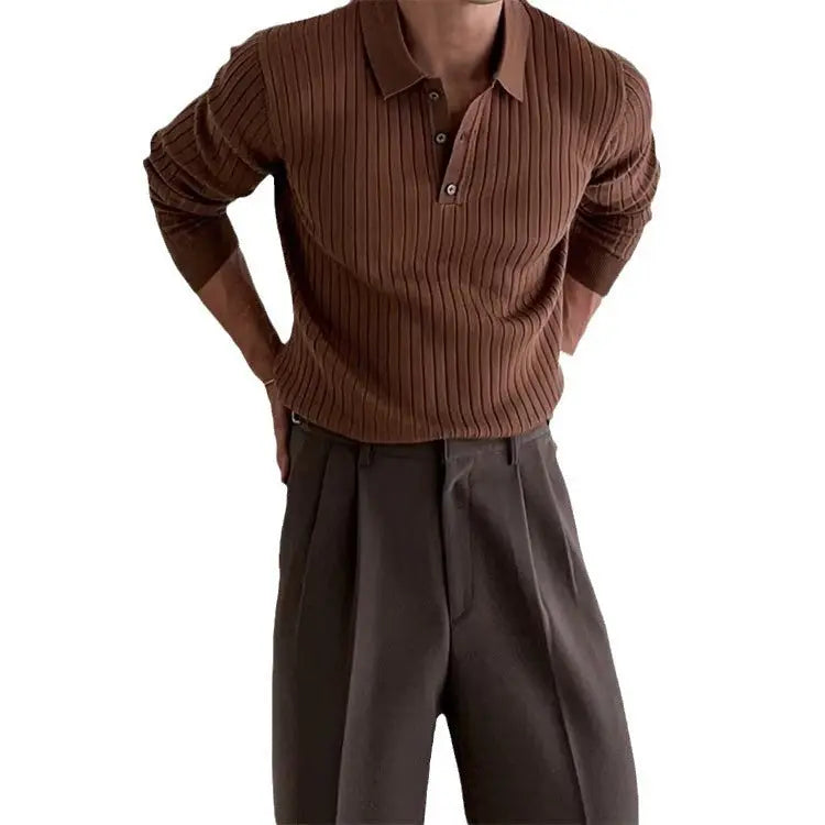 Men's Modern Lapel Button Knitted Long Sleeve Polo Shirt - zenton