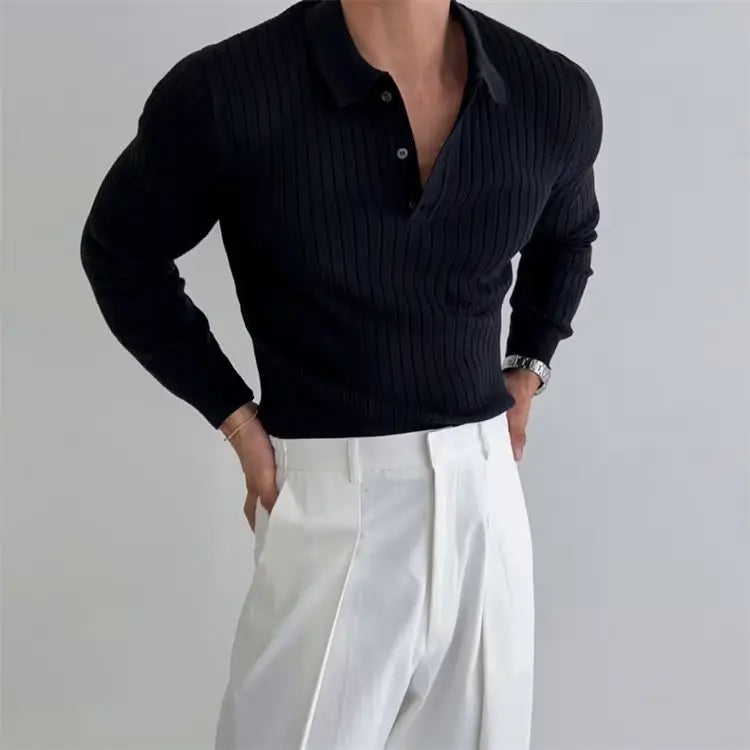 Men's Modern Lapel Button Knitted Long Sleeve Polo Shirt - zenton