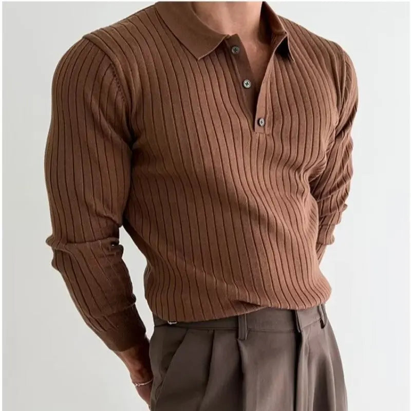 Men's Modern Lapel Button Knitted Long Sleeve Polo Shirt - zenton