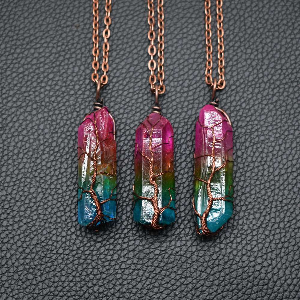 Tree of Life Stone Crystal Pillar Pendant Necklace - zenton