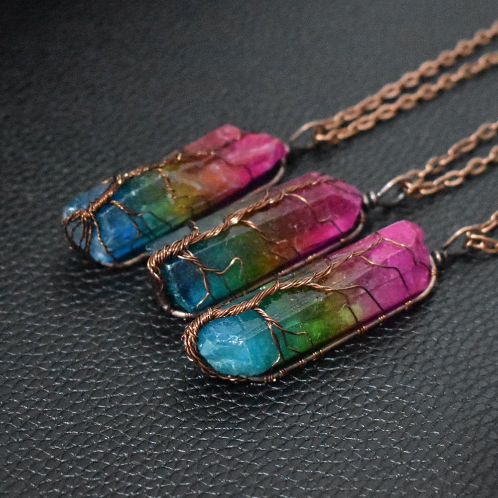 Tree of Life Stone Crystal Pillar Pendant Necklace - zenton