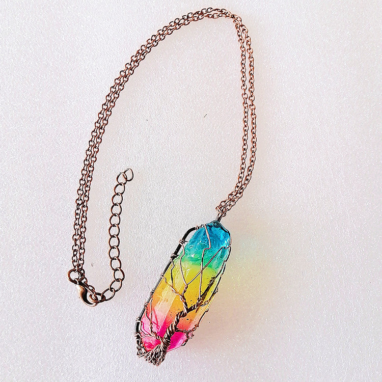 Tree of Life Stone Crystal Pillar Pendant Necklace - zenton
