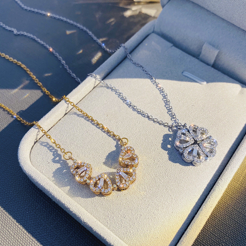 Retro Magnetic Heart Pendant – Four Leaf Clover Necklace - zenton