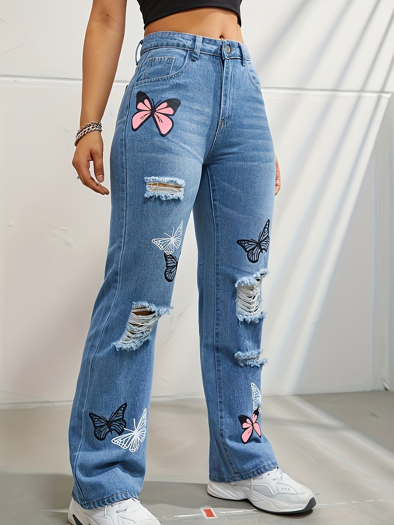 Women’s High Waist Straight Jeans – Butterfly Ripped Denim - zenton