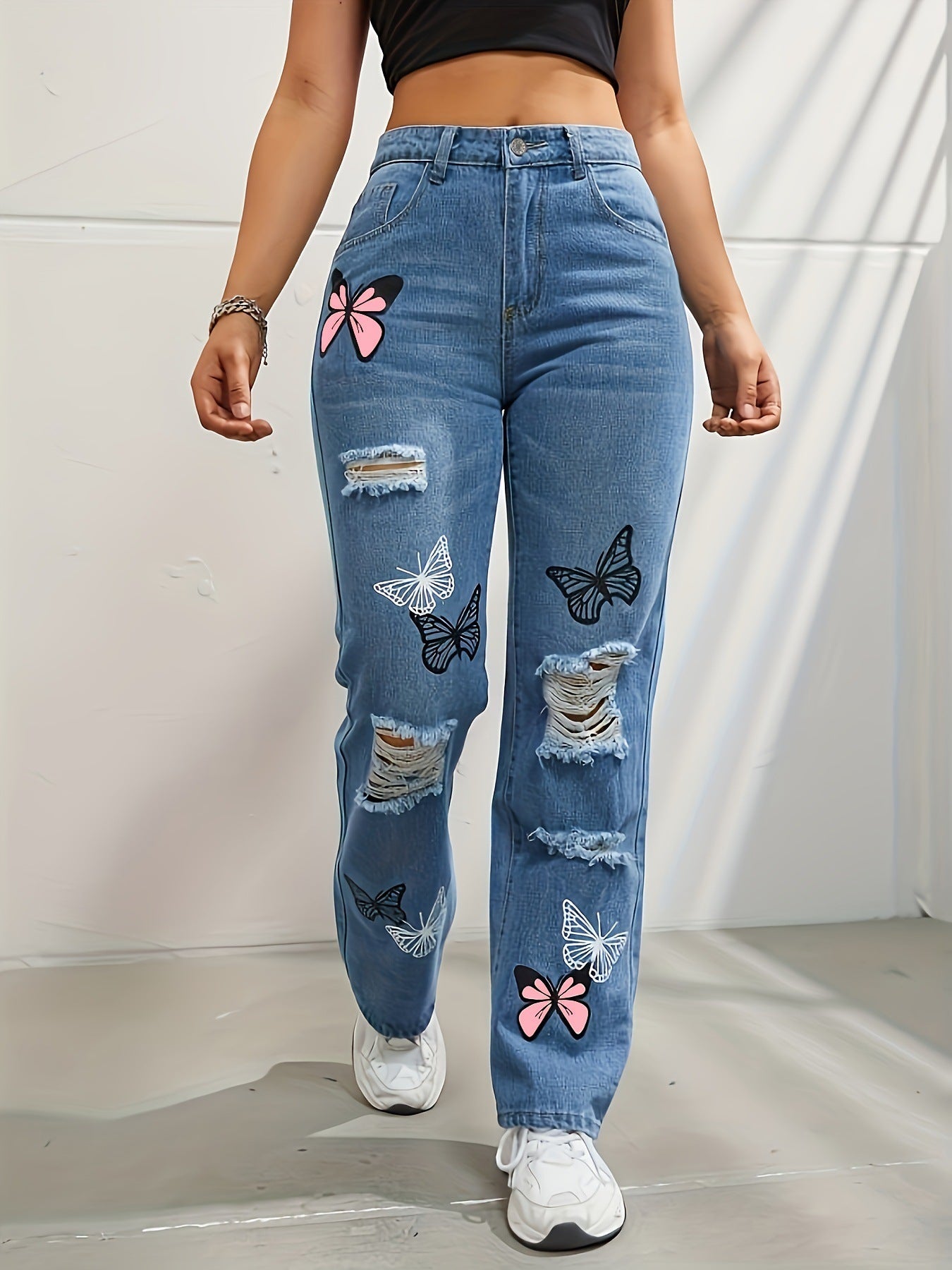 Women’s High Waist Straight Jeans – Butterfly Ripped Denim - zenton