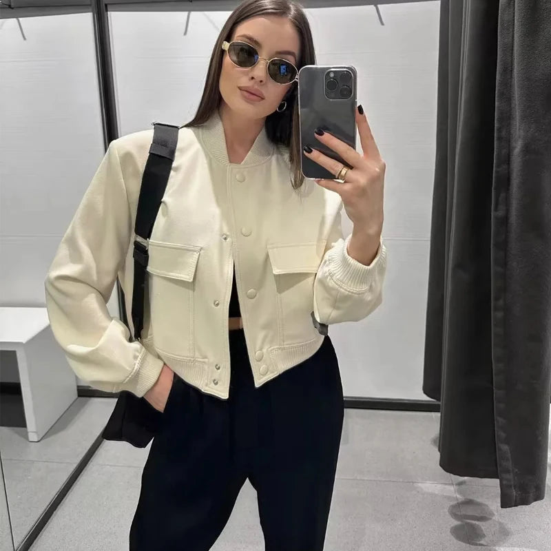 Women’s Cropped Bomber Jacket – Casual Slim Aviator Coat zenton