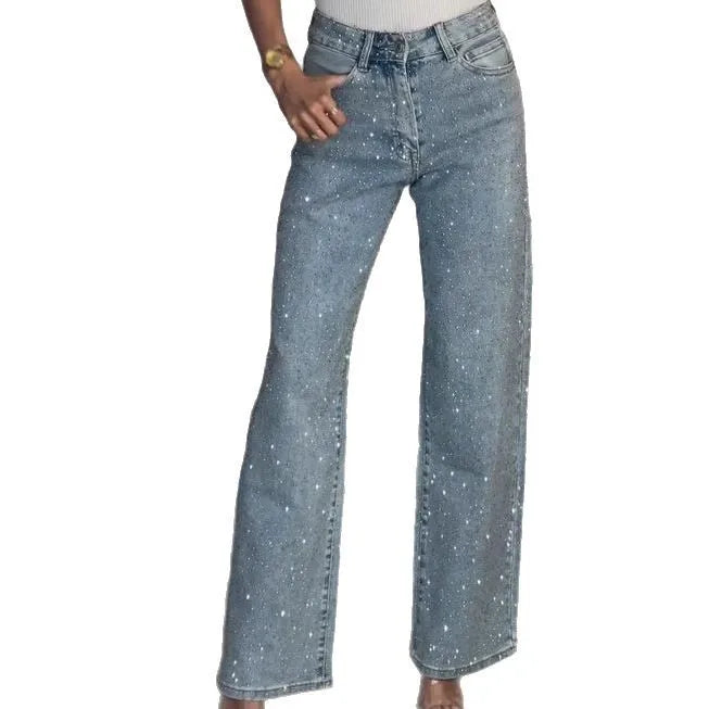 Women’s High-Waist Straight Jeans – Vintage Washed Denim with Diamonds - zenton