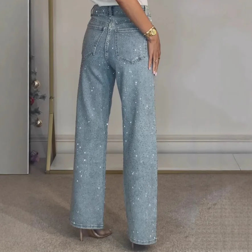Women’s High-Waist Straight Jeans – Vintage Washed Denim with Diamonds - zenton