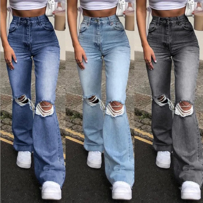 Women’s Mid-Waist Casual Jeans – Distressed Cotton Denim - zenton