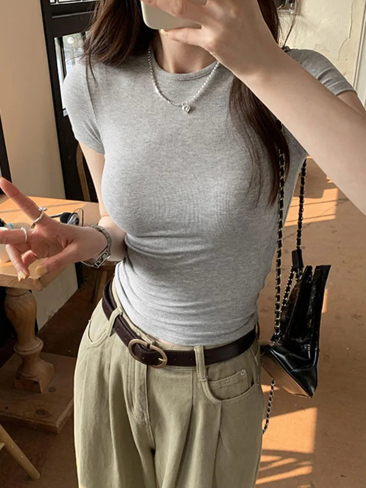 Basic Solid Crop Top Short Sleeve Crewneck Skinny T-shirt Summer Casual Tee for Women y2k Vintage Top Harajuku Streetwear zenton