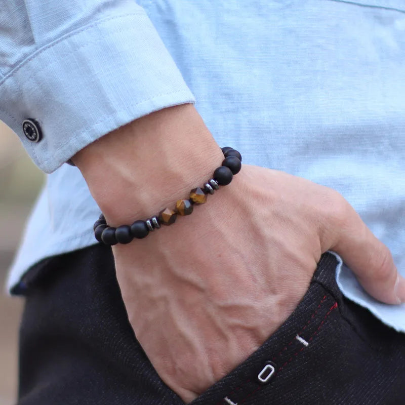 Men’s Black Onyx & Tiger Eye Jewel Beaded Bracelet - zenton