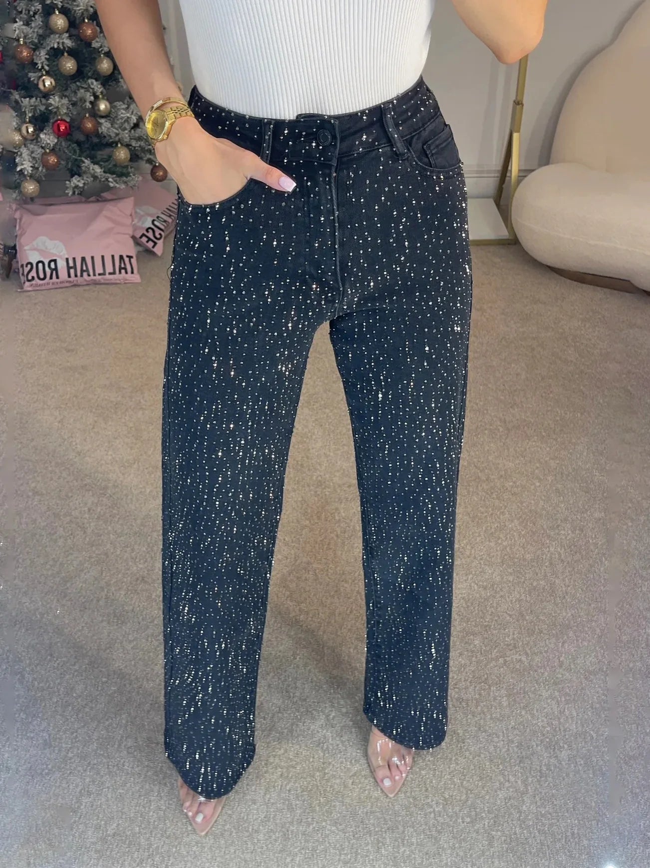 Women’s High-Waist Straight Jeans – Vintage Washed Denim with Diamonds - zenton
