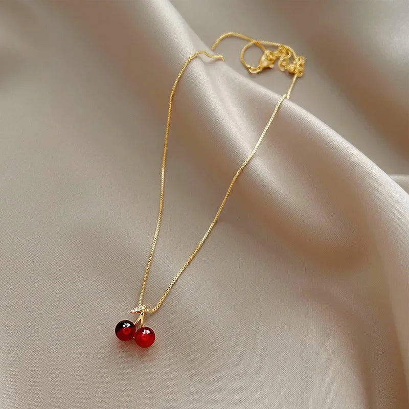 Wine Red Cherry Pendant Necklace – Artificial Jewellery Set - zenton