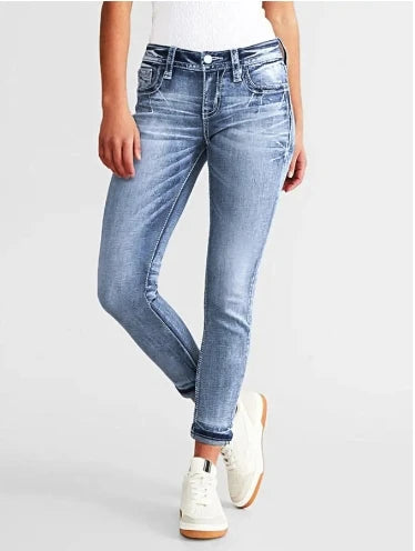 Women’s Slim-Fit Embroidered Jeans – Stretch Casual Pants - zenton