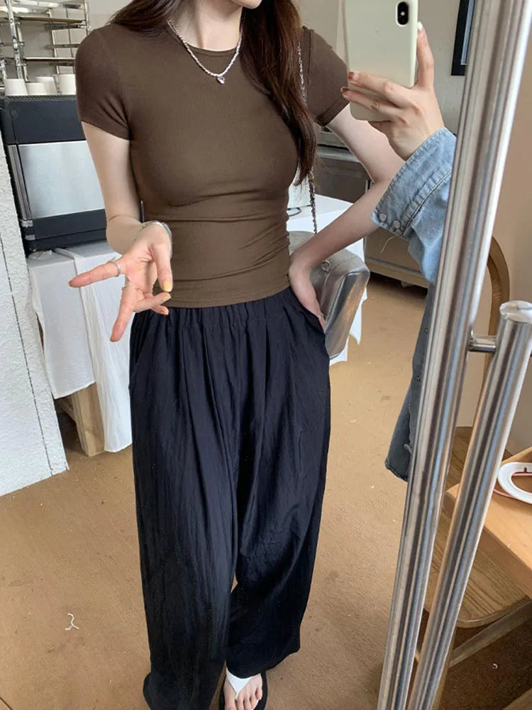 Basic Solid Crop Top Short Sleeve Crewneck Skinny T-shirt Summer Casual Tee for Women y2k Vintage Top Harajuku Streetwear zenton