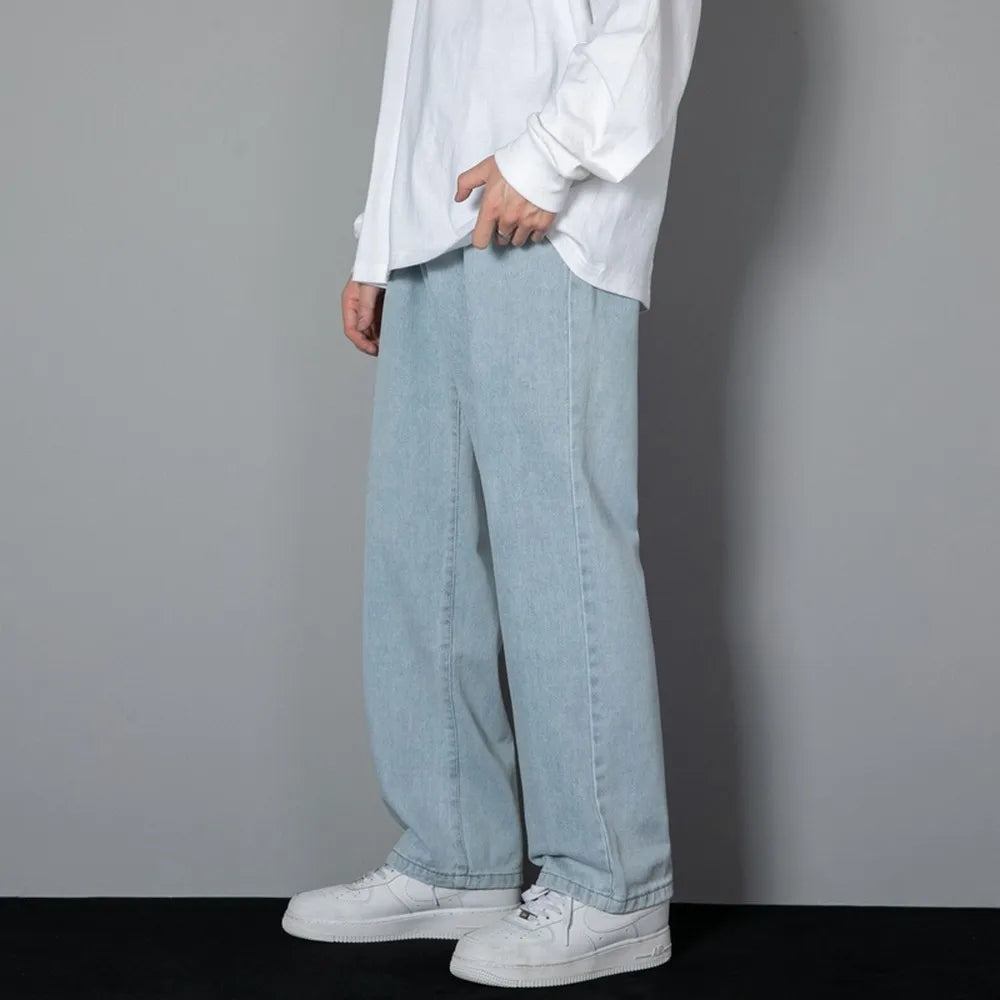 Men’s Wide-Leg Straight Jeans – Solid Color Casual Denim - zenton