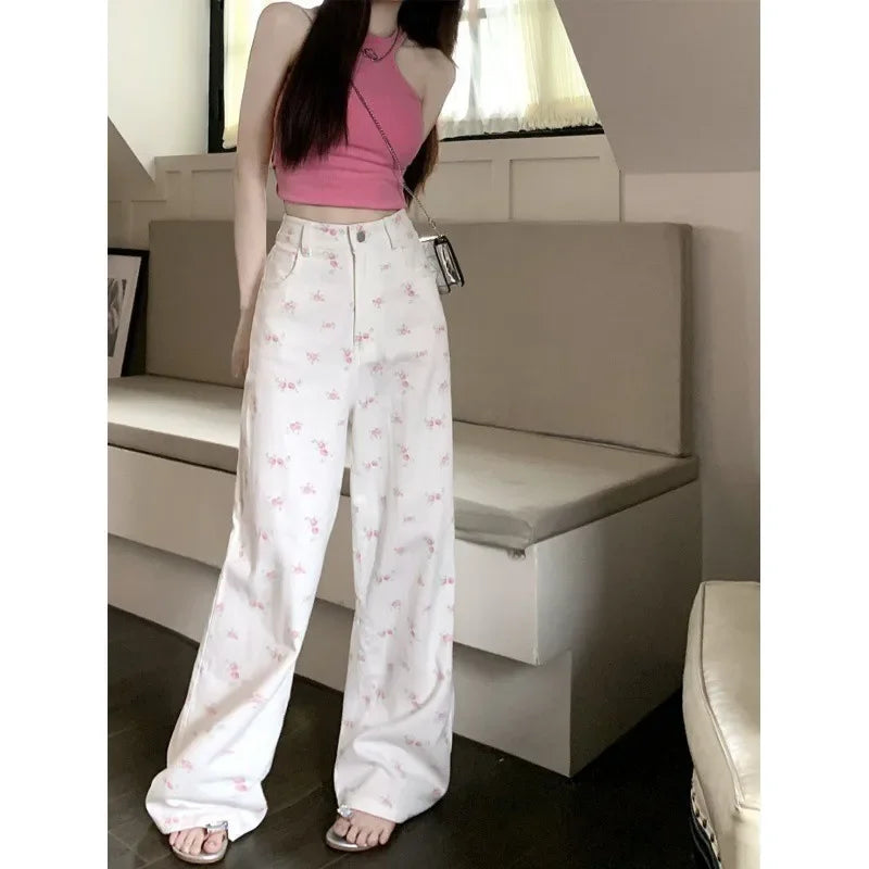 Women’s White Floral Wide-Leg Jeans – Mid-Waist Casual - zenton