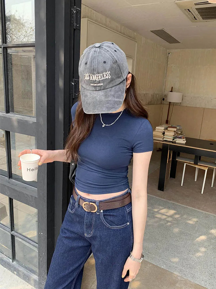 Basic Solid Crop Top Short Sleeve Crewneck Skinny T-shirt Summer Casual Tee for Women y2k Vintage Top Harajuku Streetwear zenton