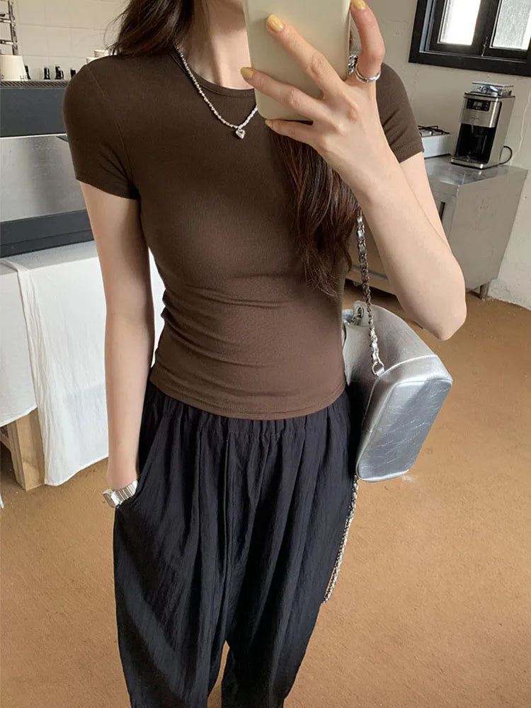 Basic Solid Crop Top Short Sleeve Crewneck Skinny T-shirt Summer Casual Tee for Women y2k Vintage Top Harajuku Streetwear zenton