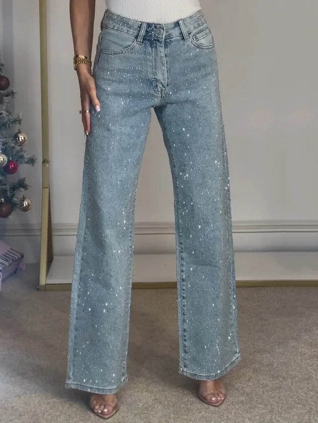 Women’s High-Waist Straight Jeans – Vintage Washed Denim with Diamonds - zenton