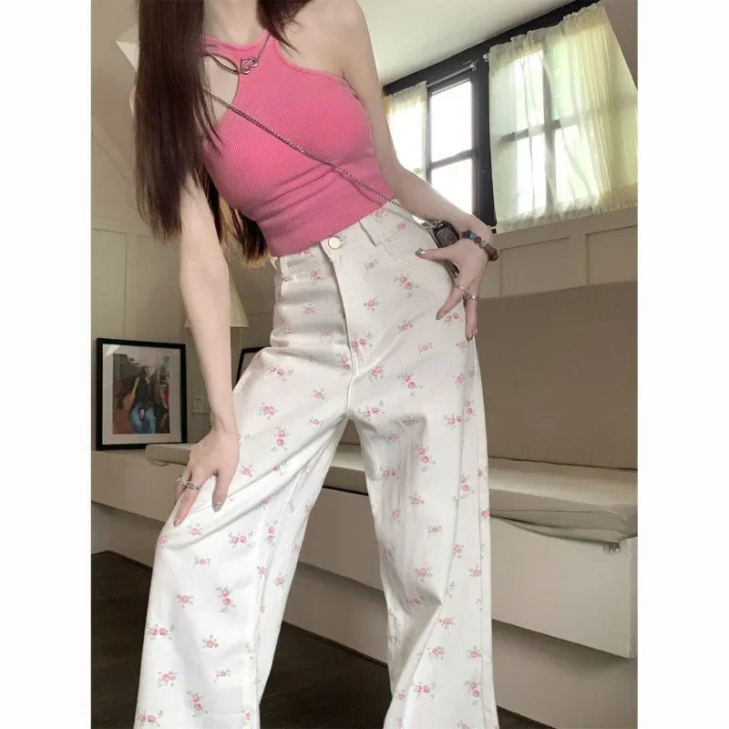 Women’s White Floral Wide-Leg Jeans – Mid-Waist Casual - zenton