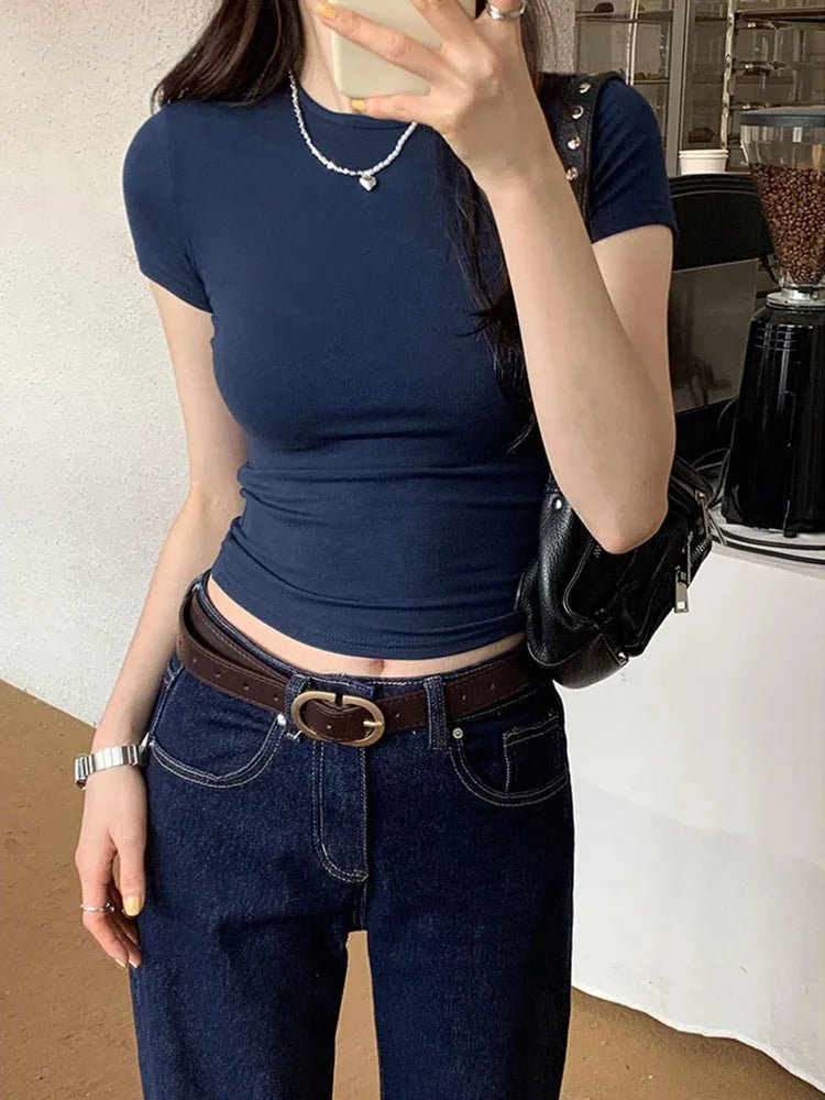 Basic Solid Crop Top Short Sleeve Crewneck Skinny T-shirt Summer Casual Tee for Women y2k Vintage Top Harajuku Streetwear zenton