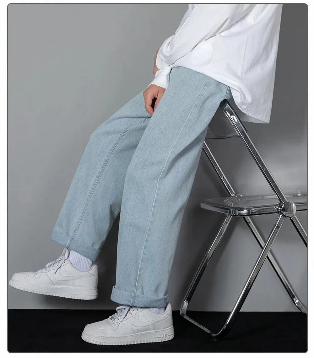 Men’s Wide-Leg Straight Jeans – Solid Color Casual Denim - zenton