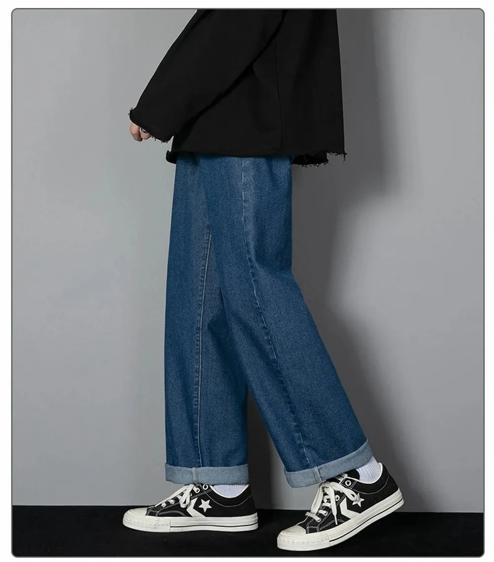 Men’s Wide-Leg Straight Jeans – Solid Color Casual Denim - zenton